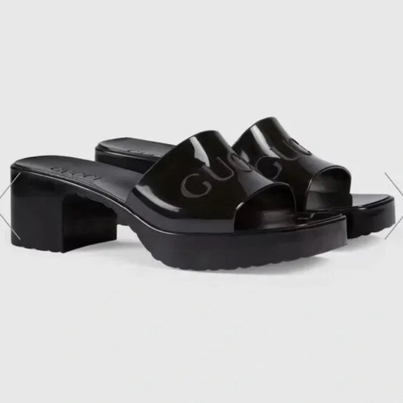 GUCCI Black Rubber Mules Block Heel Slides EU38 - Picture 1 of 16